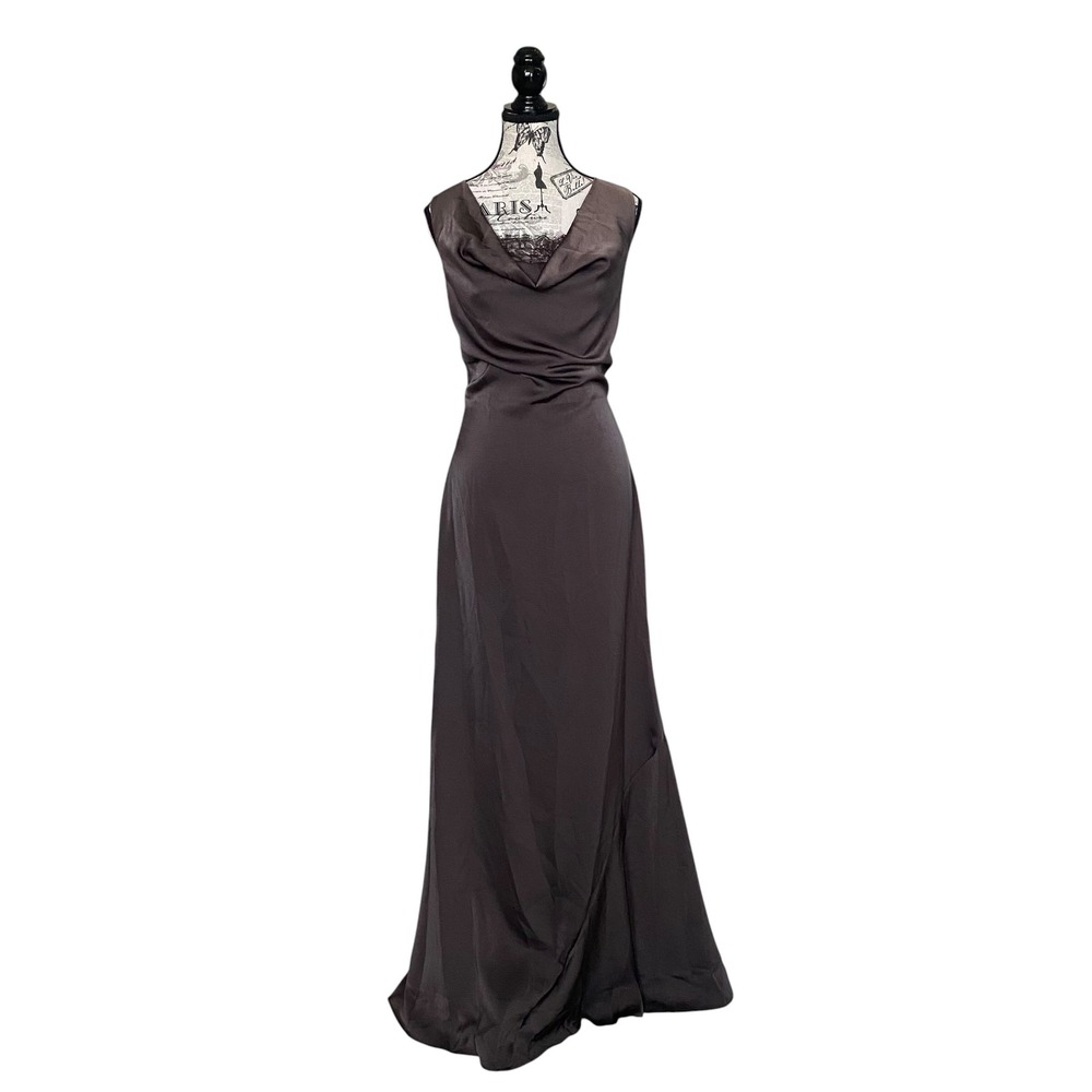 Cowl Neck Maxi Dress Women L Brown Open Back Satin Evening Gown
